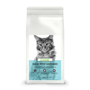 Ecomida Connoisseur Bez Zbóż Hypoallergenic Kaczka Sardynki 500g sucha karma Kot Dorosły, Sterylizowany, Kule włosowe